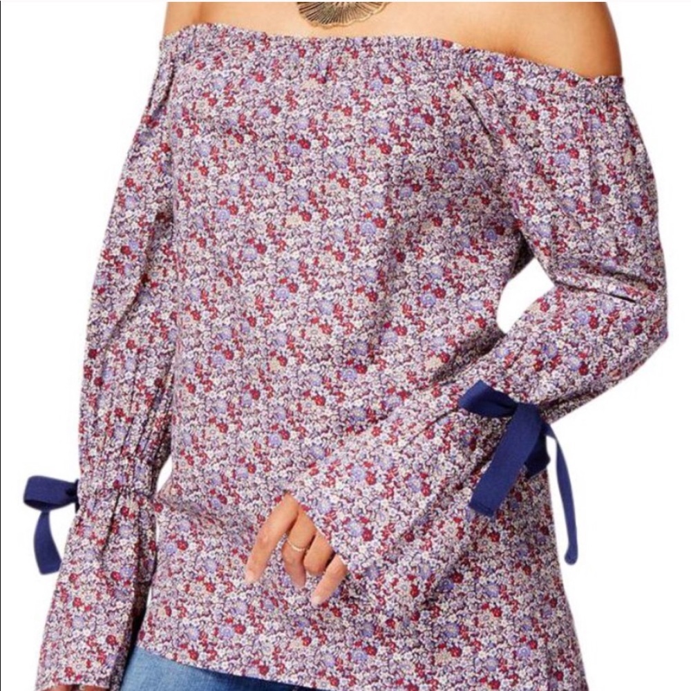 William Rast Oversized Blue Multi Floral Off Shoulder Blouse